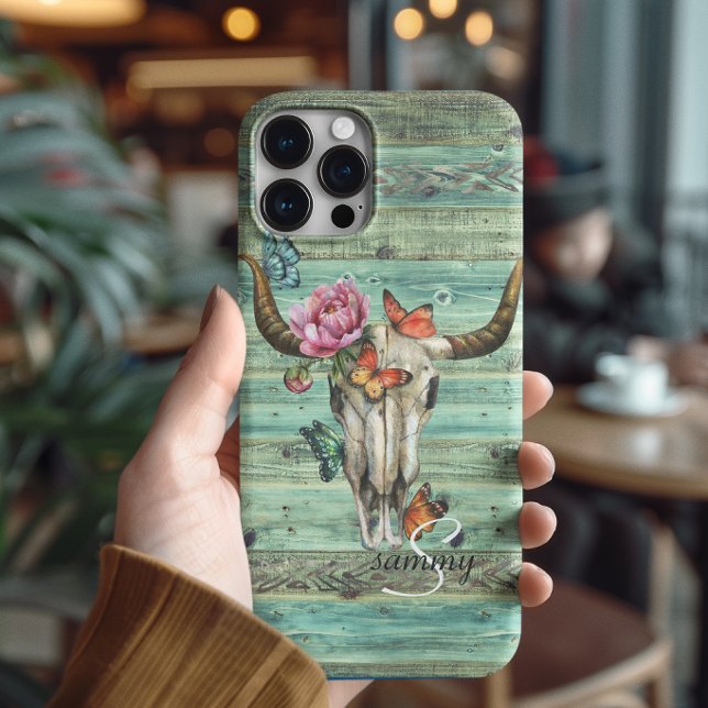 Coques Case-Mate iPhone Crâne de Longhorn Bohème Monogramme Floral (Créateur téléchargé)