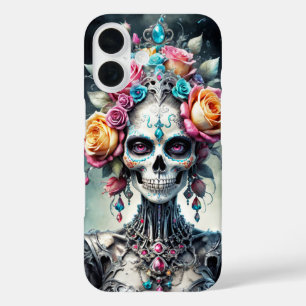 Coque Pour iPhone 16 Crâne de Santa Muerte recouvert de fleurs colorées