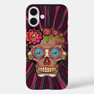 Coque Pour iPhone 16 Plus Crâne de sucre en bois sculpté avec couronne fleur