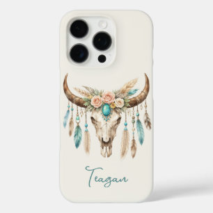 Coque iPhone 16 Pro Crâne de vache floral aquarelle Boho Chic