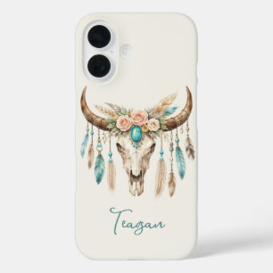 Coque Pour iPhone 16 Crâne de vache floral aquarelle Boho Chic