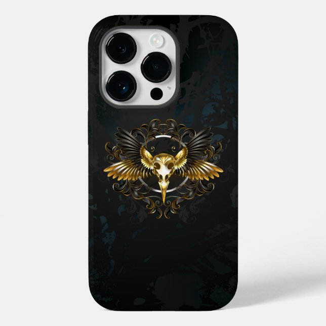 Coques Case-Mate iPhone Crâne d'oiseaux dorés sur arrière - plan noir (Verso)