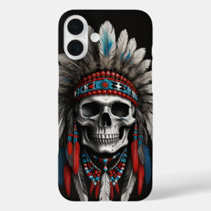 Coque Pour iPhone 16 Plus Crâne en chef amérindien avec coiffure