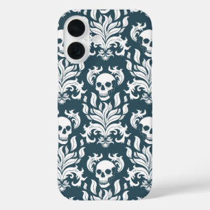 Coque Pour iPhone 16 Crâne flamme Damas en blanc croustillant sur bleu 