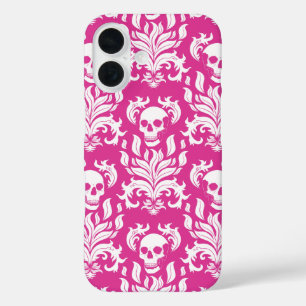 Coque Pour iPhone 16 Crâne flamme Damas en blanc croustillant sur rose 