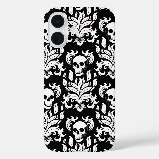 Coques Case-Mate iPhone Crâne flamme Damas en blanc foncé sur noir (Verso)
