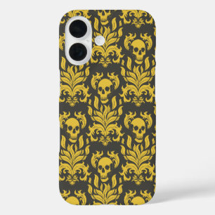 Coque Pour iPhone 16 Crâne flamme Damas en moody jaune sur gris foncé