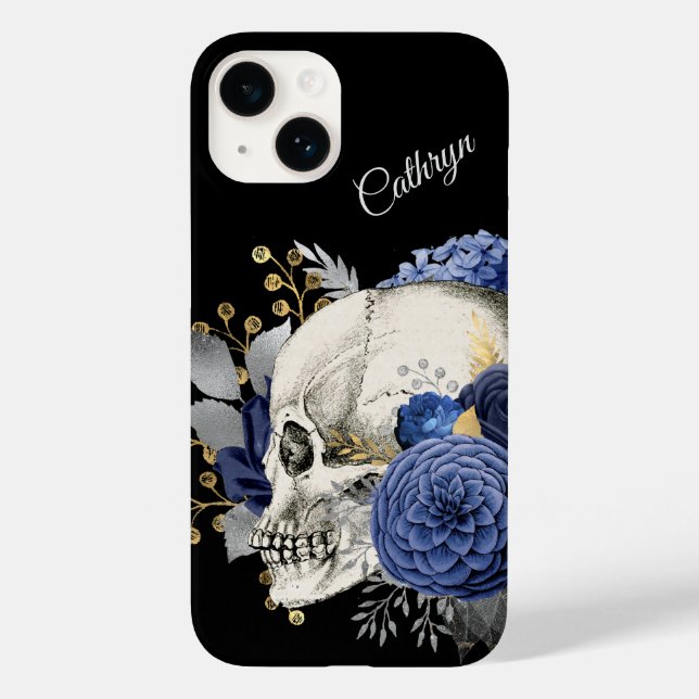 Coques Case-Mate iPhone Crâne floral bleu personnalisé (Verso)