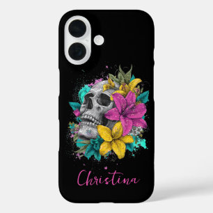 Coque Pour iPhone 16 Crâne Floral Gothique Nom Personnalisé Coloré