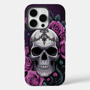 Coque iPhone 16 Pro Crâne gothique avec Roses violets