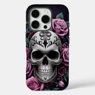 Coque iPhone 16 Pro Crâne gothique avec Roses violets