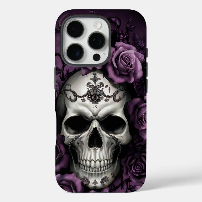 Coques Case-Mate iPhone Crâne gothique avec Roses violets (Verso)