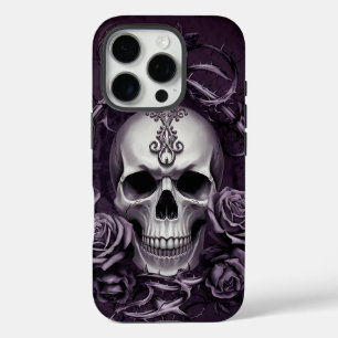 Coque iPhone 16 Pro Crâne gothique avec Roses violets