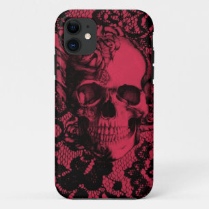 Coque iPhone 11 Crâne gothique de dentelle en rouge et le noir