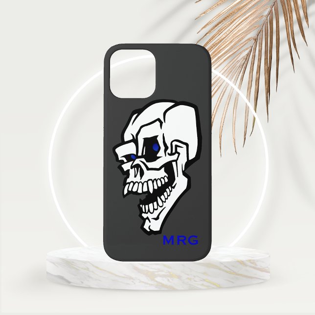 Coques Case-Mate iPhone Crâne maléfique blanc aux yeux bleus  (Evil White Skull with Blue Eyes and Personalized Monogram Area Phone Case)