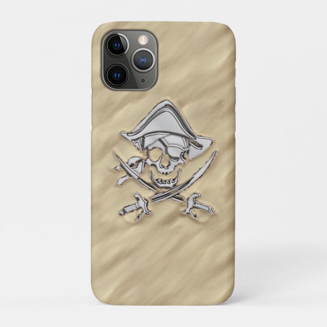 Coques Case-Mate iPhone Crâne pirate de style argent sur la plage (Dos)