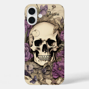 Coque Pour iPhone 16 Plus Crâne Vintage personnalisé et fleurs pourpres