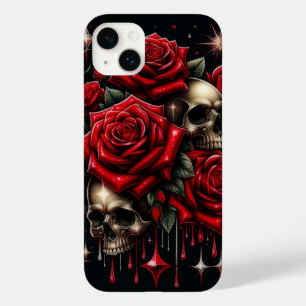 Coque Case-Mate iPhone Crânes dorés et roses rouges scintillent de glamou