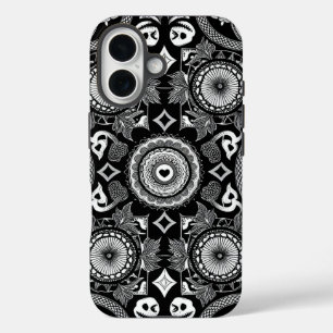 Coque Pour iPhone 16 Crânes et mandalas ornementaux (noir et blanc)