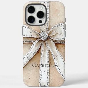 Coque iPhone 16 Pro Max Crème blanc Argent brillant Bow