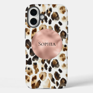 Coque Pour iPhone 16 Plus Crème Brown léopard animal Rose or glam