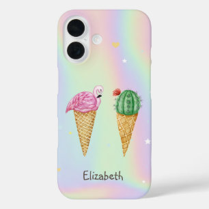 Coque Pour iPhone 16 Crème glacée Flamants roses roses Cactus Holograph
