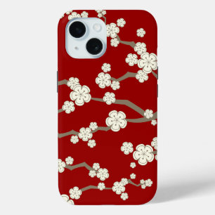 Coque Pour iPhone 15 Crème Orientale Sakura Zen Cerise Fleurs Sur Rouge