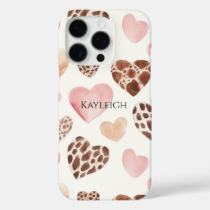 Coque iPhone 16 Pro Crème rose Coeurs léopards Brown