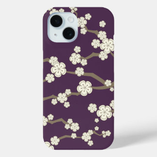 Coque Pour iPhone 15 Crème Sakura Fleurs Orientales Cerise Sur Violet