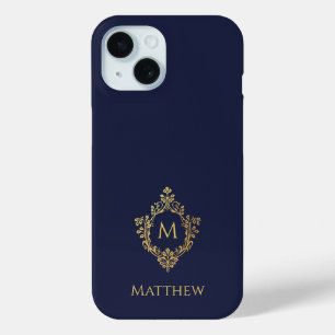 Coque Case-Mate iPhone Crest Navy Blue Gold Monogramme Nom Vintage