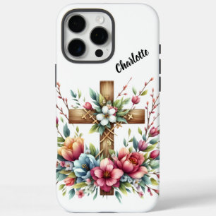 Coque iPhone 16 Pro Max Croix chrétienne Encerclée Fleurs de Printemps Art
