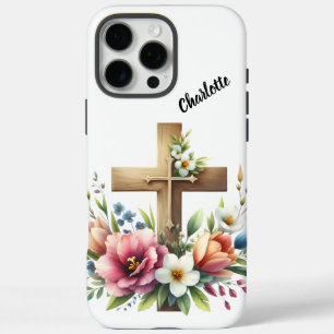 Coque iPhone 16 Pro Max Croix chrétienne encerclée par une beauté florale 
