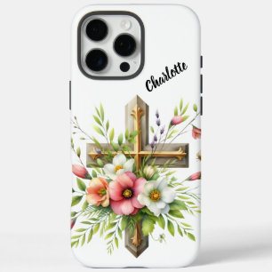 Coque iPhone 16 Pro Max Croix chrétienne mise en valeur par un halo floral