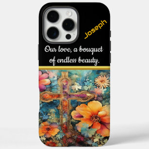 Coque iPhone 16 Pro Max Croix colorée au milieu des fleurs florissantes