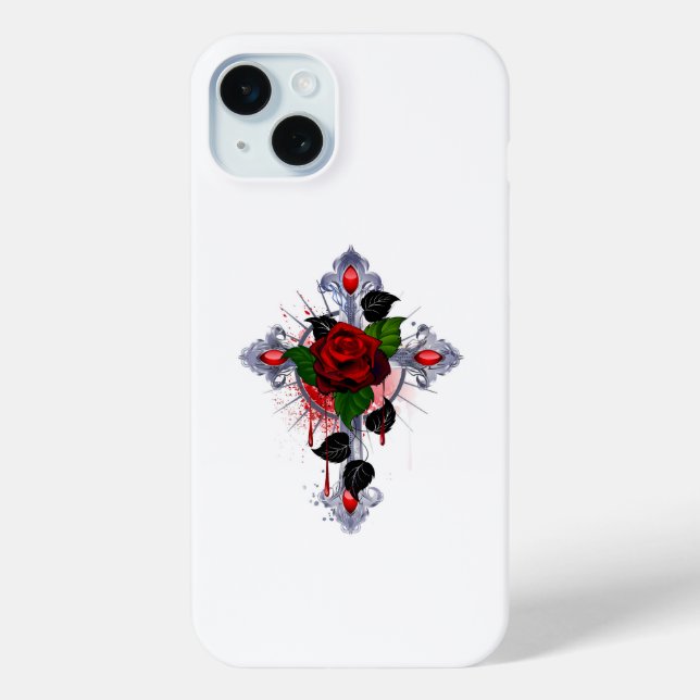 Coques Case-Mate iPhone Croix d'argent avec une rose rouge (Verso)