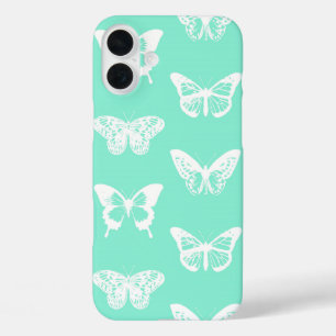 Coque Pour iPhone 16 Plus Croquis de papillon, aqua et blanc