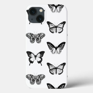 Etui iPhone 13 Croquis de papillon, blanc et noir
