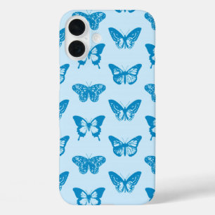 Coque Pour iPhone 16 Plus Croquis de papillon, bleu cyan et bleu ciel