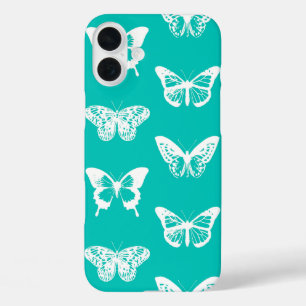 Coque Pour iPhone 16 Plus Croquis de papillon, bleu turquoise et blanc