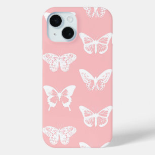 Coque Pour iPhone 15 Croquis de papillon, rose coquillage et blanc