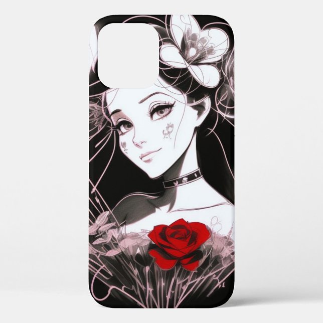 Coques Case-Mate iPhone Croquis féminin (Illustration of a woman with black hair adorned with white flowers, and a red rose at the bottom.)