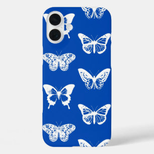 Coque Pour iPhone 16 Plus Croquis papillon, bleu cobalt et blanc