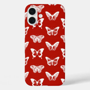 Coques iPhone 16 Plus Croquis papillon, rouge et blanc foncé