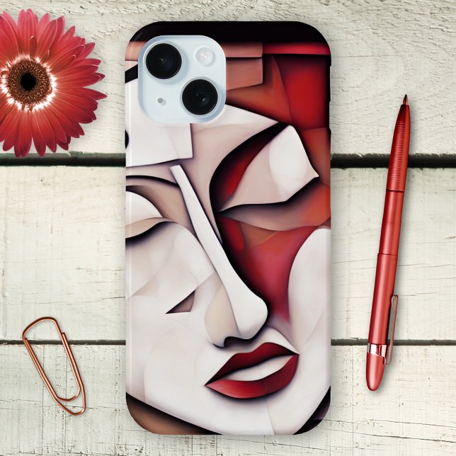 Coques Case-Mate iPhone Cubisme Art Contemporain Abstrait Téléphone Visage (Phone case featuring an abstract stylish design in cubism style showing a woman's face in red/ivory)