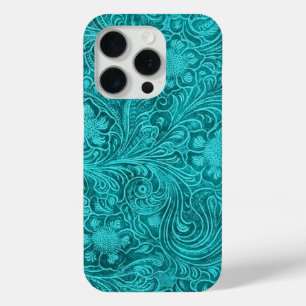 Coque iPhone 15 Pro Cuir bleu-vert en daim Retro Design Floral