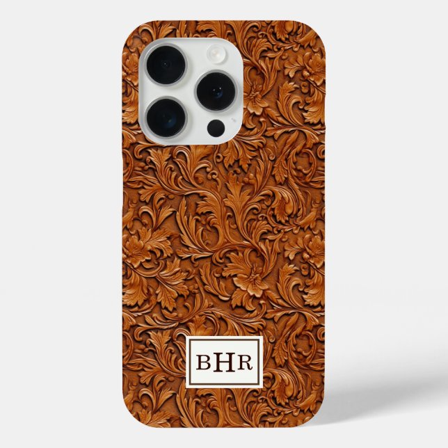 Coques Case-Mate iPhone Cuir Brun Outilé Monogrammé (Verso)