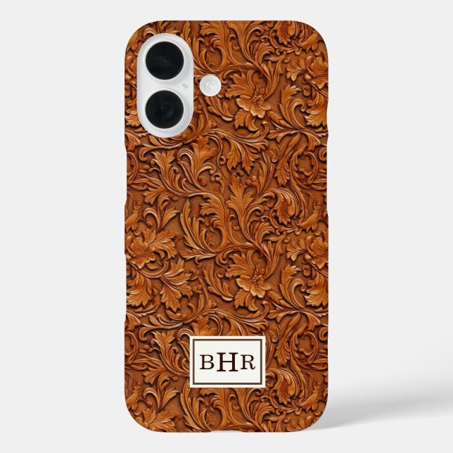 Coques Case-Mate iPhone Cuir Brun Outilé Monogrammé (Verso)