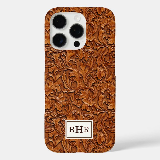 Coques Case-Mate iPhone Cuir Brun Outilé Monogrammé (Verso)