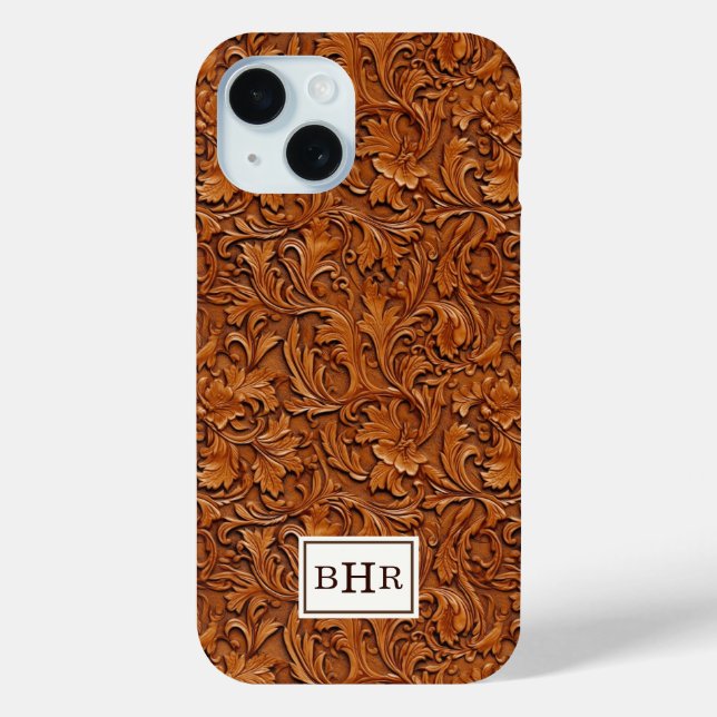 Coques Case-Mate iPhone Cuir Brun Outilé Monogrammé (Verso)