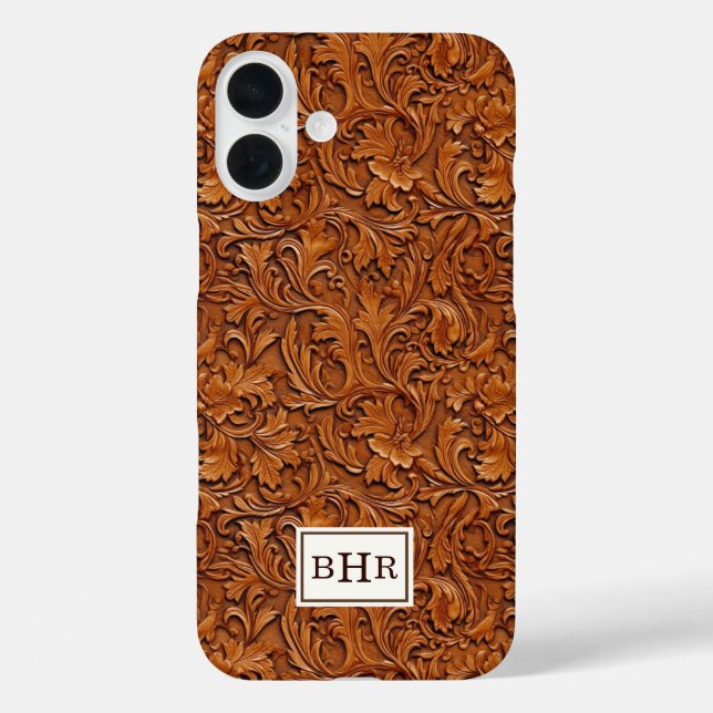 Coques Case-Mate iPhone Cuir Brun Outilé Monogrammé (Verso)